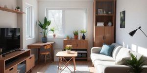 Spațiu mic cu mobilă multifuncțională și plante decorative.