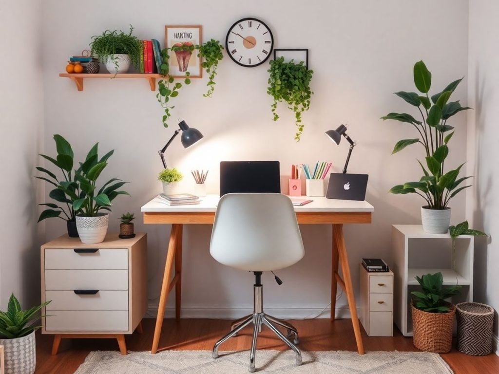 Spațiu de lucru acasă, mobilă modernă și plante decorative.
