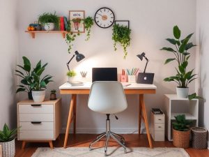 Spațiu de lucru acasă, mobilă modernă și plante decorative.