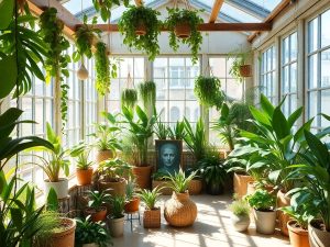 O cameră verde plină de plante de interior.