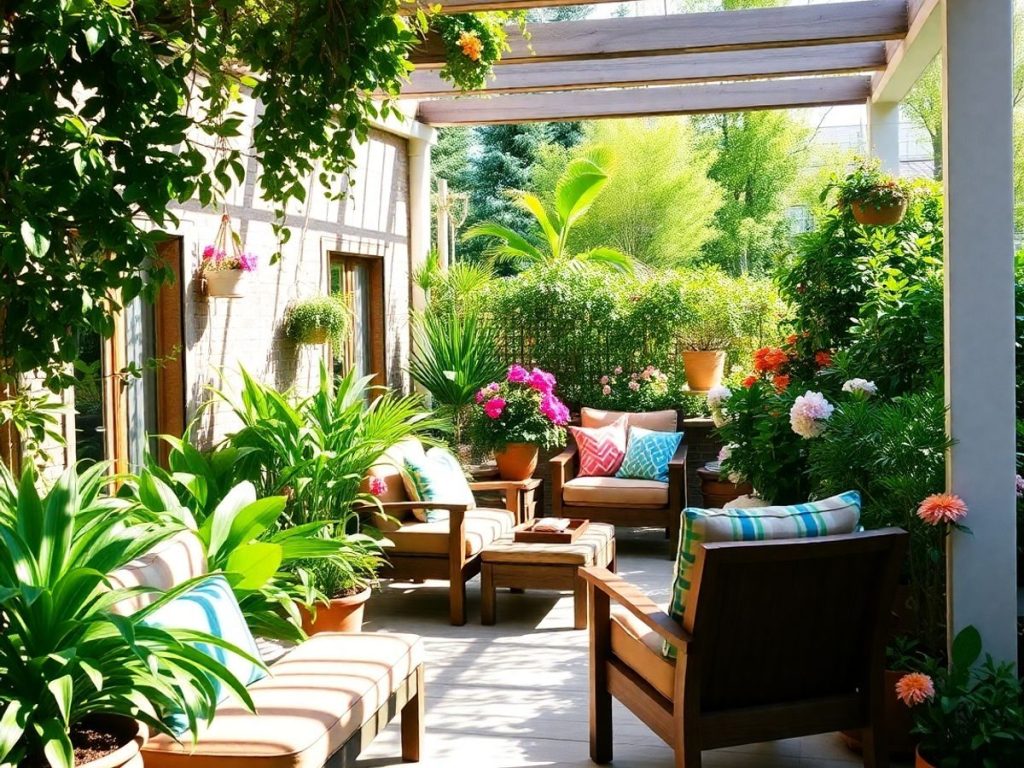 Grădină sau terasă primitoare, cu plante și mobilier confortabil