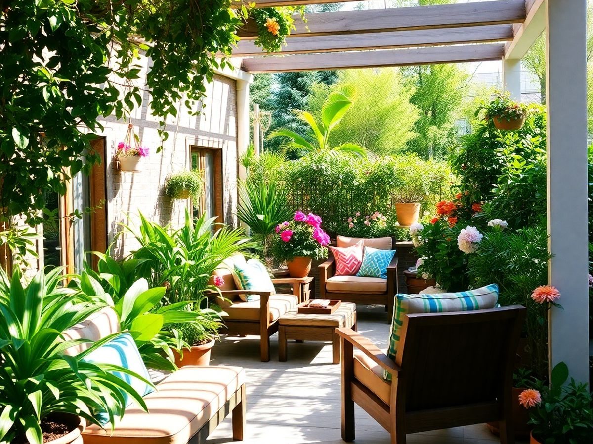 Grădină sau terasă primitoare, cu plante și mobilier confortabil