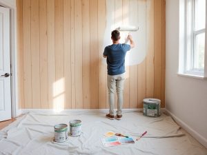 Persoană vopsind perete din lemn interior cu role și vopsea