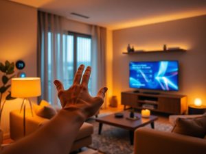 Casă inteligentă cu lumini și dispozitive conectate.