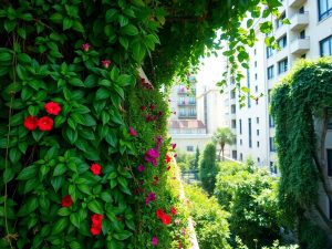 Grădină suspendată urbană plină de plante verzi și flori colorate.