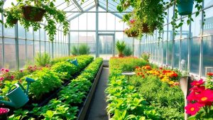 Seră plină cu plante verzi și flori colorate.