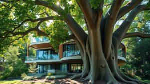 Casă modernă construită în jurul unui copac mare.
