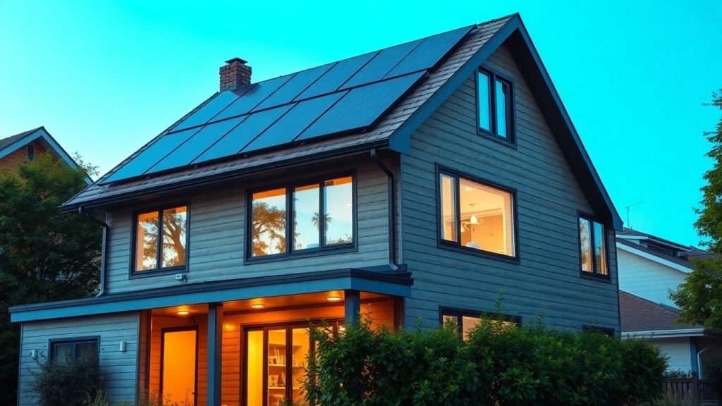 Casă modernă cu panouri solare și ferestre eficiente energetic.