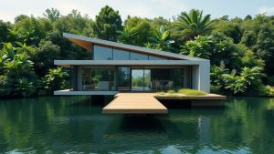 Casă ecologică plutind pe apă printre copaci.